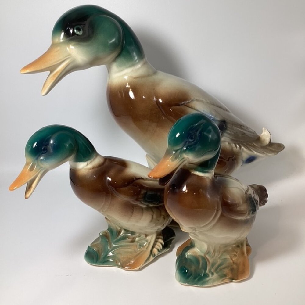 Royal Copley Mallard Duck Family Ceramic 3 Pieces Vintage 1942-1957 Made‎ in USA